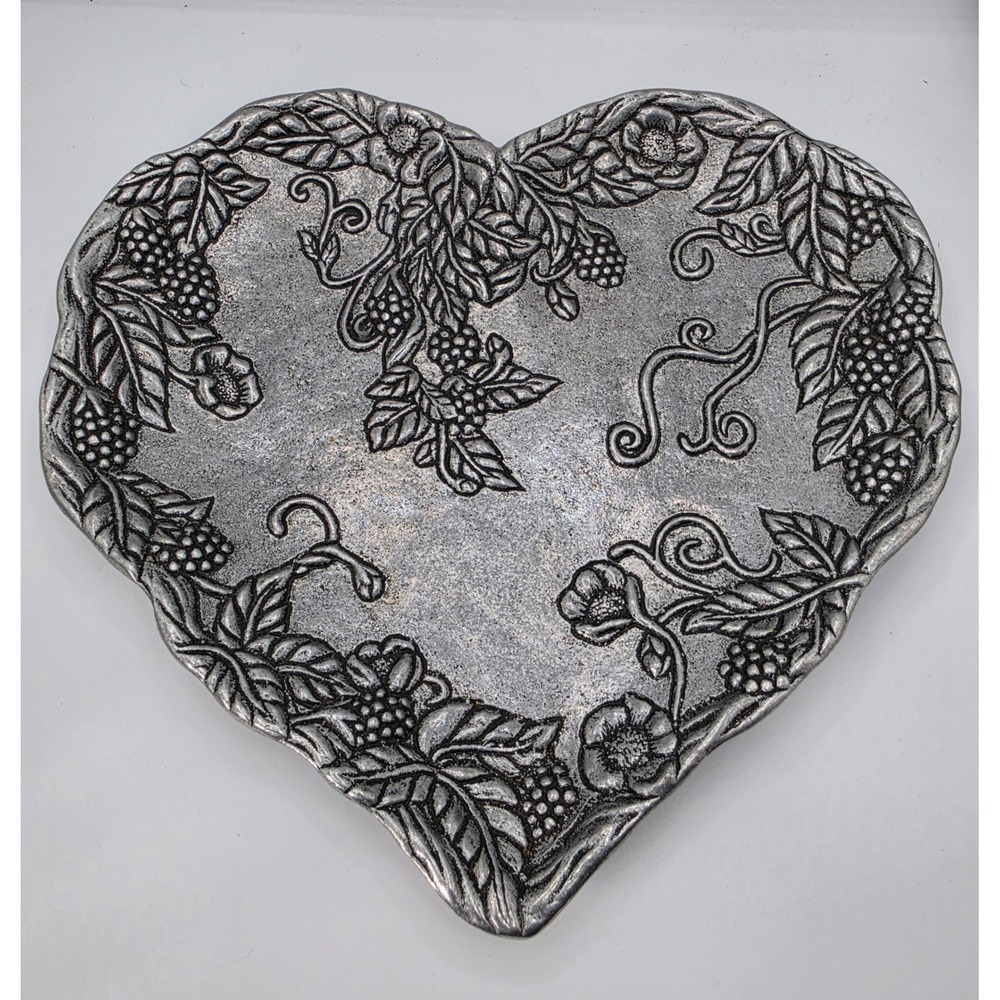 Carson Statesmetal Heart Trinket Dish Blackberry Floral Embossed Pewter Style